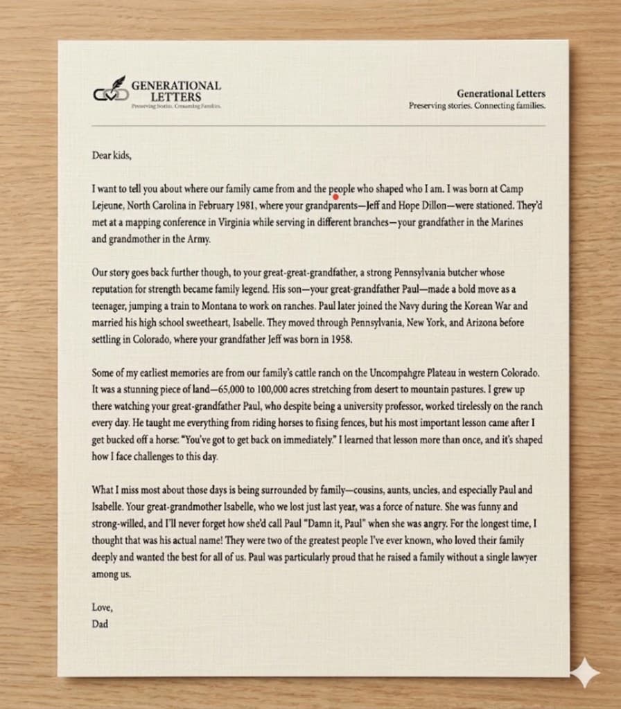 Printed memoir letter on archival cardstock