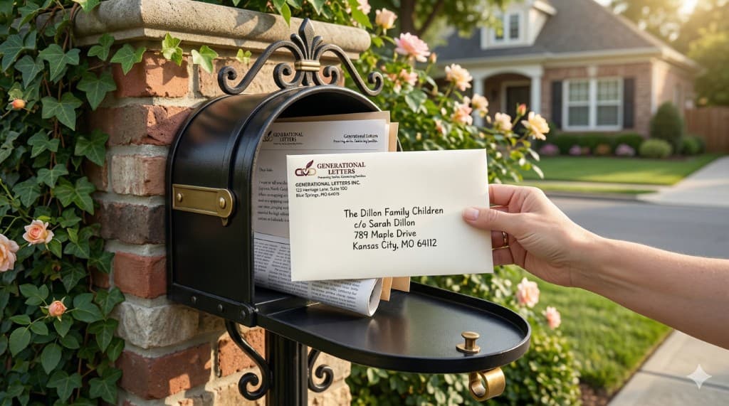 Hand placing a Generational Letters envelope into a home mailbox—your story, delivered
