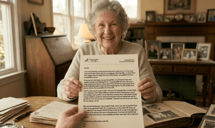 Grandmother sharing a printed Generational Letters memoir—Dear kids, a tangible family story