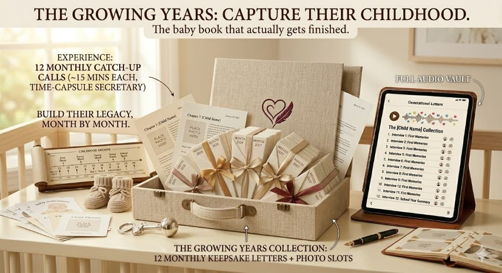 The Growing Years: linen keepsake collection with monthly letters, photo chapters, tablet audio vault, and nursery details—capture their childhood.