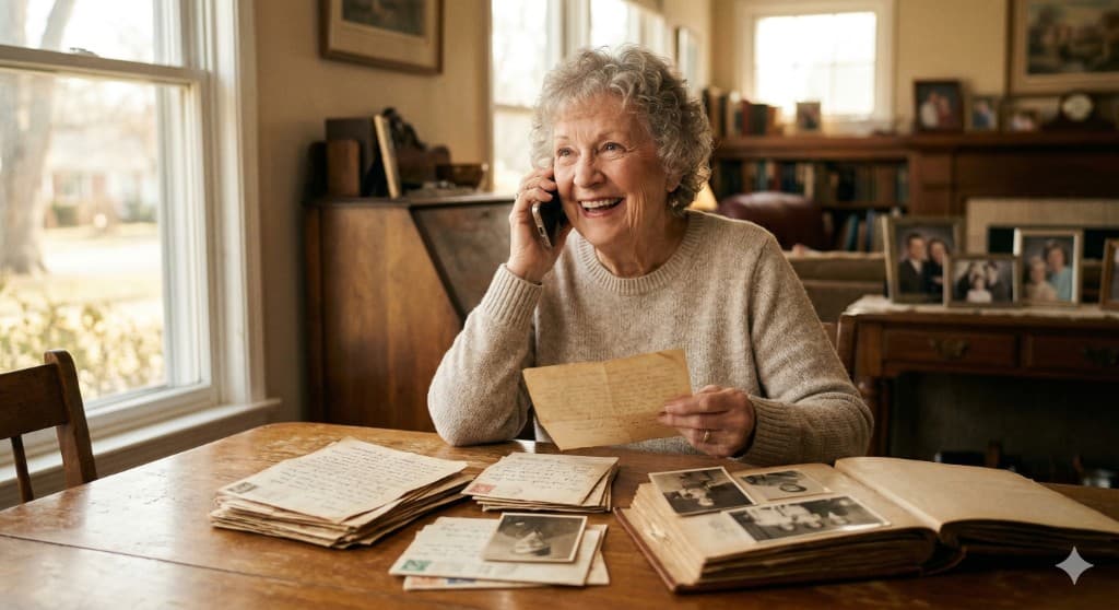 Loved one enjoying a gentle phone conversation at home with family letters and photographs nearby