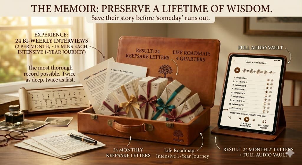 The Memoir: leather keepsake case with archival letters, tablet audio vault, and writing desk—preserve a lifetime of wisdom.