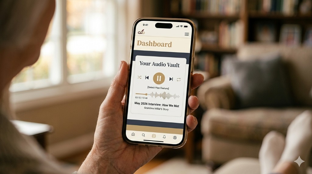 Phone showing Your Audio Vault in the dashboard with playback controls and interview title